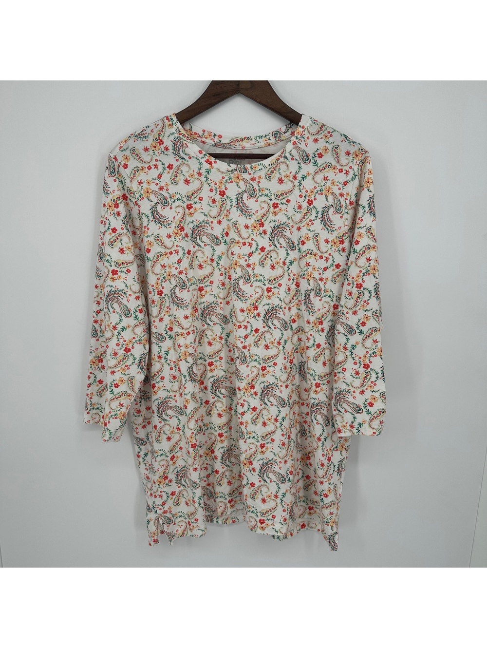 Lands' End White Paisley Floral 100% Cotton Tunic Top 3/4 Sleeve Plus Size XL